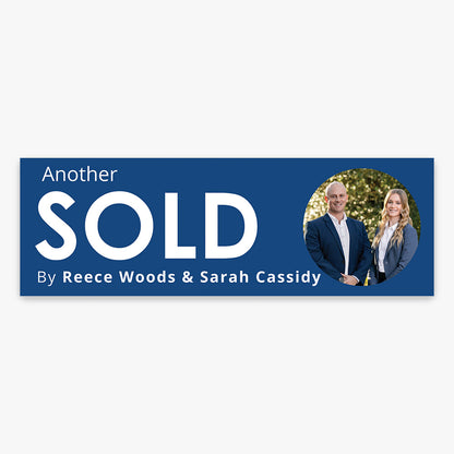 SOLD Sticker (Rectangle) Reece Woods & Sarah Cassidy - First National Real Estate Bowral shown on a real estate signboard