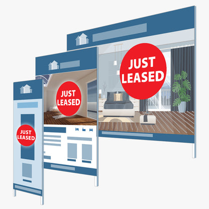 Generic JUST LEASED Sticker (ROUND) - Red: signboards and surfaces it suits