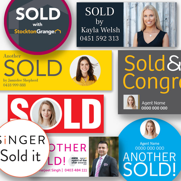 Examples of custom real estate stickers: Sold, Leased, Deposit Taken and Under Contract